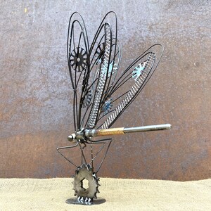 Metal Dragonfly Sculpture on Stand: Handmade Art With Intricate Wings ... - Handmade Recycled Metal Decor
