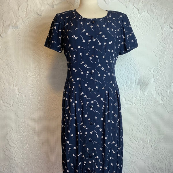 Dark Academia Dress Nineties Rayon Buttondown Dark Academia Midi Navy and White Floral Whimsigoth Frock - Terra Exchange Vintage