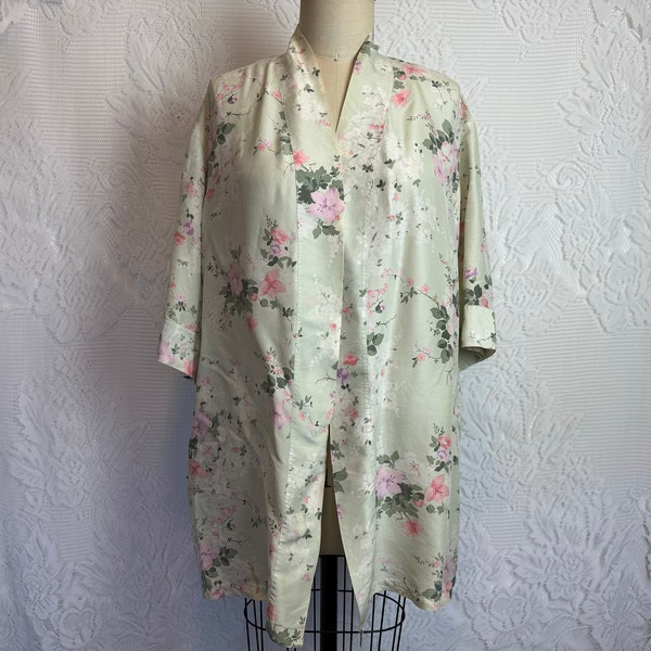 Silk Robe Mint Green Short Kimono with Pink Roses Cottagecore Satin Duster - Terra Exchange Vintage