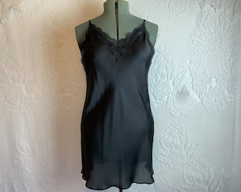 Black Satin and Lace Nightie Y2K Victorias Secret Bachelorette Bias Cut Lingerie Teddie Camisole - Terra Exchange Vintage   whm