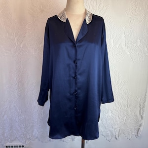Vintage Victoria&#39;s Secret Satin Nightgown: Blue Lace Collar Sleep Shirt