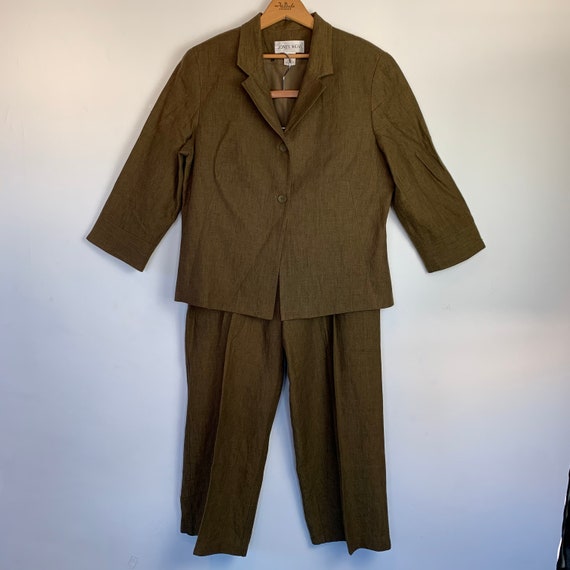 Olive Army Green Linen Pant Suit Pleated Trousers