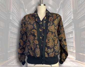 Suéter negro con estampado de cachemira, blusa tipo cárdigan vintage convertible, top de moda de los años 90 con inserto de Dickie con cuello extraíble, Dark Academia Whimsigoth