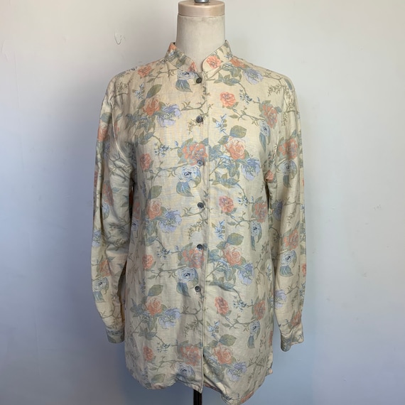 Floral Linen Jacket Cottagecore Collarless Light … - image 1