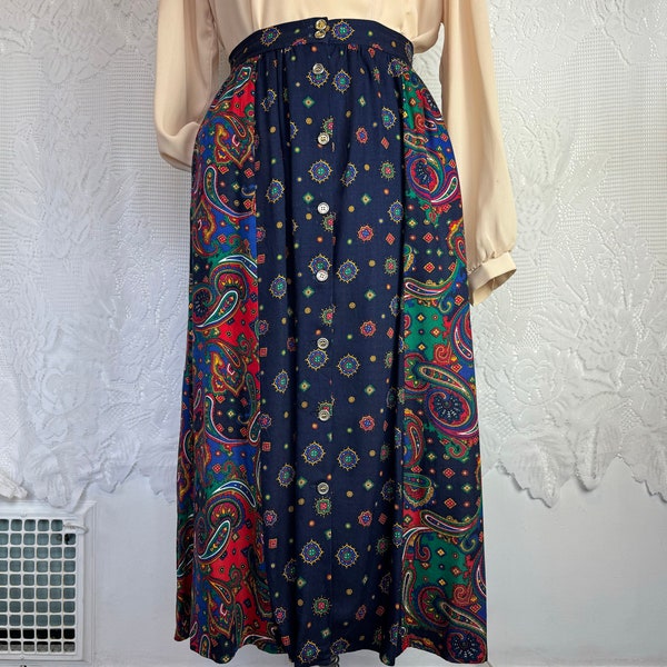 Whimsigoth Skirt Buttondown Paisley Peasant Witchy Broomstick Nineties Dark Academia Maxi Skirt - Terra Exchange Vintage
