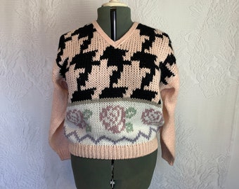 Eighties Sweater Houndstooth and Roses Spice of Life Jumper - Terra Exchange Vintage.    whm