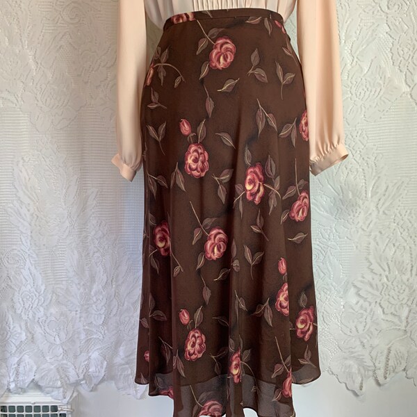 Whimsigoth Skirt Nineties Brown Autumnal Floral Silk Midi Witchy Roses Dark Academia Cottagecore - Terra Exchange Vintage