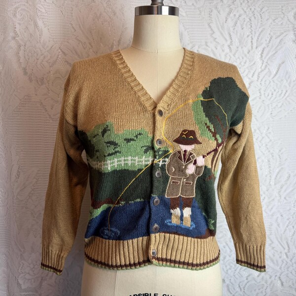 Landschaptrui Intarsia Fishing Scene Cardigan Dark Academia Vintage-trui