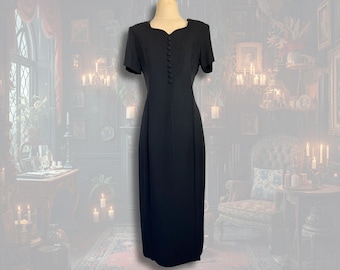 Vampy Black Dress Vintage Nineties Maxi Sheath with Short Sleeves Soutache Embroidery and Sweetheart Neckline Whimsigoth Fashion Gothic