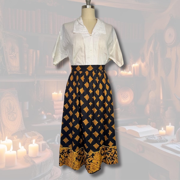 Vintage Damask Midi Skirt: Witchy Dark Academia Style