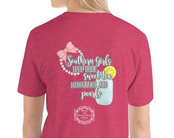 Southern Girl T-Shirt / Below the Mason Dixon Apparel / Pearls / Monograms / Mason Jar / Gifts for Her / Women's T-Shirt / Short-Sleeve