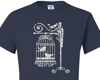 Farmhouse Style Distressed Birdcage T-Shirt / Women's T-Shirt / Gifts for Her/ Whimsical Graphic Tee / Adult T-Shirt