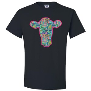 May include: Black t-shirt featuring a colourful paisley pattern cow head design.