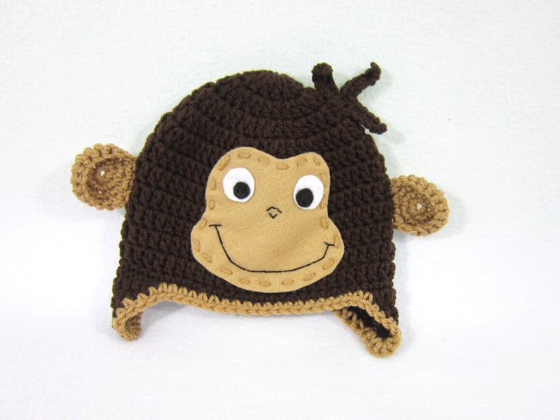 Crochet Baby Beanie with Ears and Face MADE TO ORDER by Charlene Brown Earflap Hat Curious George Hat Brown Monkey Hat Gift for Baby