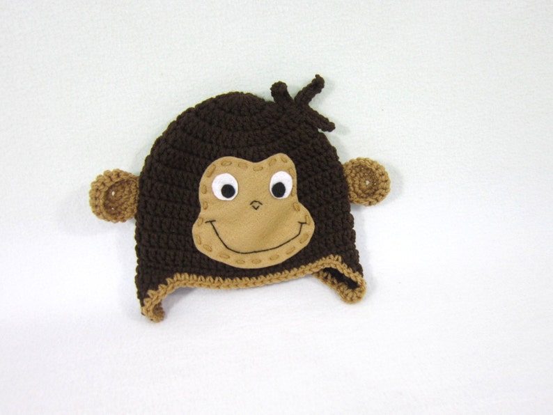 Crochet Baby Beanie with Ears and Face MADE TO ORDER by Charlene Brown Earflap Hat Curious George Hat Brown Monkey Hat Gift for Baby