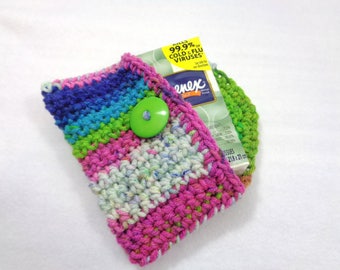 Crochet Purse Pouch, Colorful Business Card Holder ~Tissue Holder, Cell Phone Case, Button Closure Gift Card Case ~Stocking Stuffer