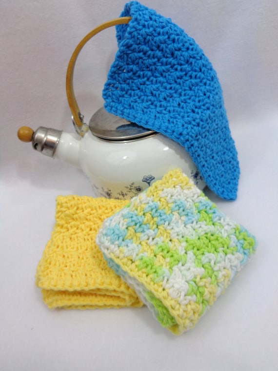 Crocheted Cotton Dish Cloth Set: Yellow, Blue, and White