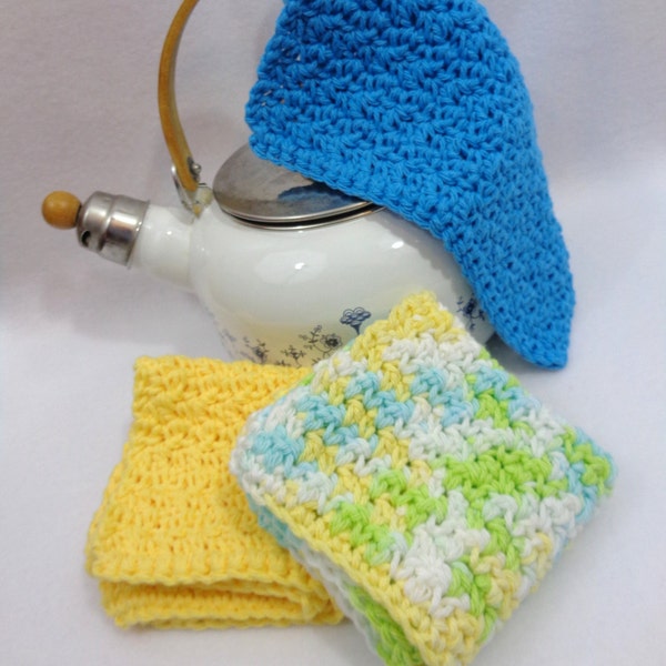 Dish Cloths or Wash Cloths  Cotton Set of Three in Yellow, Blue and White, Gift for Grandma, Housewarming Present, Hostess Gift for Spring