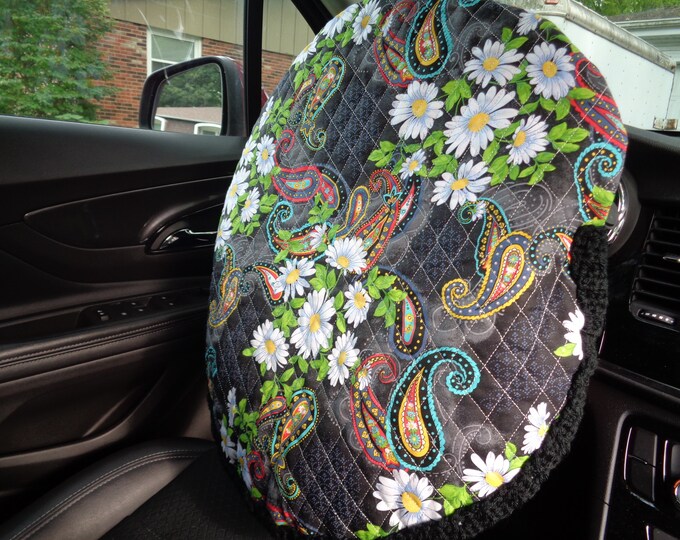 Black Quilted Steering Wheel Cover With Flowers Paisley Gift Etsy