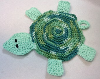 Turtle Hot Pad, All Cotton Tortoise Trivet for Kitchen, Hostess Gift. Turtle Collector Gift, Crocheted by Charlene