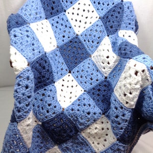 Crochet Blue Baby Blanket, Gingham Granny Square Afghan, Blue Gingham Baby Afghan, Baby Boy Blanket, Blue and White, by Charlene image 2