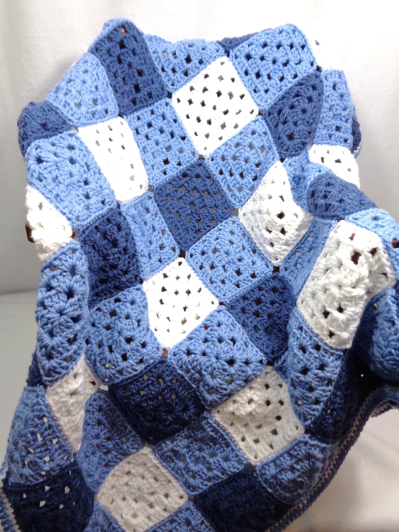 Crochet Blue Baby Blanket, Gingham Granny Square Afghan, Blue Gingham Baby Afghan, Baby Boy Blanket, Blue and White, by Charlene image 2