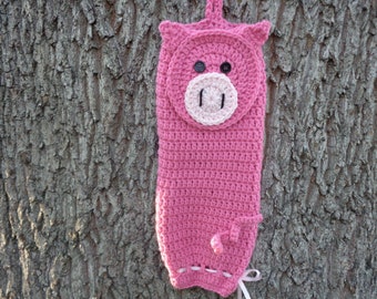 Pink Pig Crochet Plastic Bag Holder, Hostess Gift, Present for Teacher, Eco-friendly Bag Holder, MADE TO ORDER