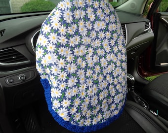 Blue Daisy Quilted Steering Wheel Cover, Gift for Mom, Present for Grad, Steering Wheel Protector, Crochet Edging, Removable