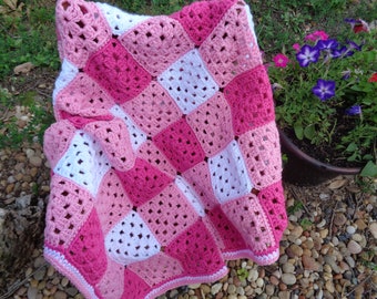 Crochet Pink and White Baby Blanket, Gingham Granny Square Afghan, Pink Gingham Baby Afghan, Baby Girl Blanket by Charlene