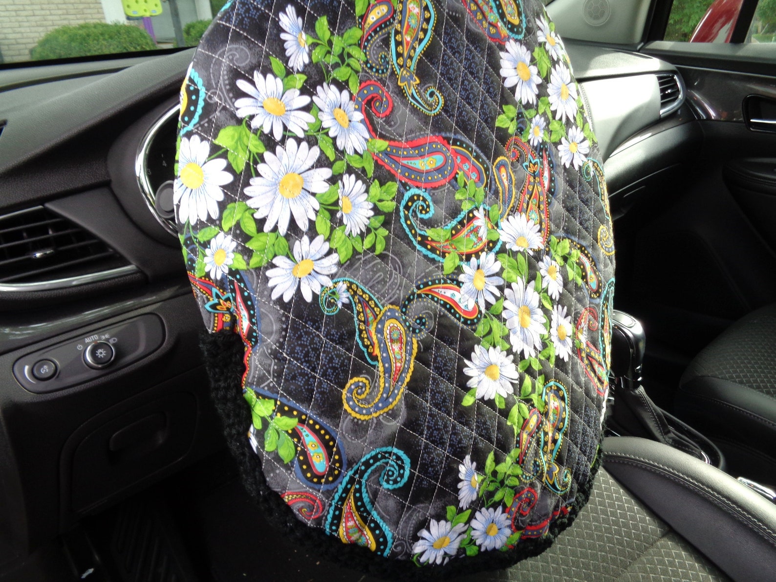 Black Quilted Steering Wheel Cover With Flowers Paisley Gift Etsy