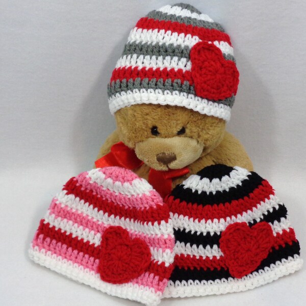 Valentines Day Baby Hat, Red, Gray and White Cap, Pink or Black  MADE TO ORDER Red Heart, Valentines Day Photo Prop, Twins or Triplets