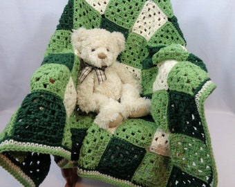 Crochet Green Baby Blanket, Gingham Granny Square Afghan, Forest Green Baby Afghan, Baby Boy  or Girl Gift Blanket by Charlene