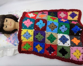 Scrap Colorful Doll Blanket, Crochet 18 Inch Doll Afghan,  Dollhouse Quilt, Crocheted Old Time Granny Square Blanket, Table Trivet