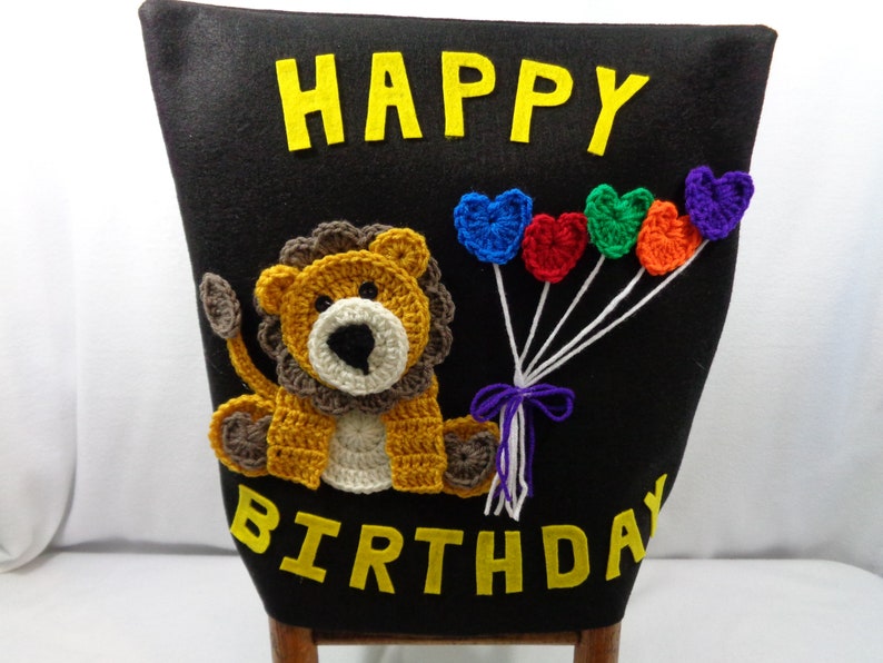 Happy Birthday Chair Cover for the Classroom or Home, Small Primary Felt and Crochet Chair Cover with Lion, MADE TO ORDER, Gift for Teacher image 2