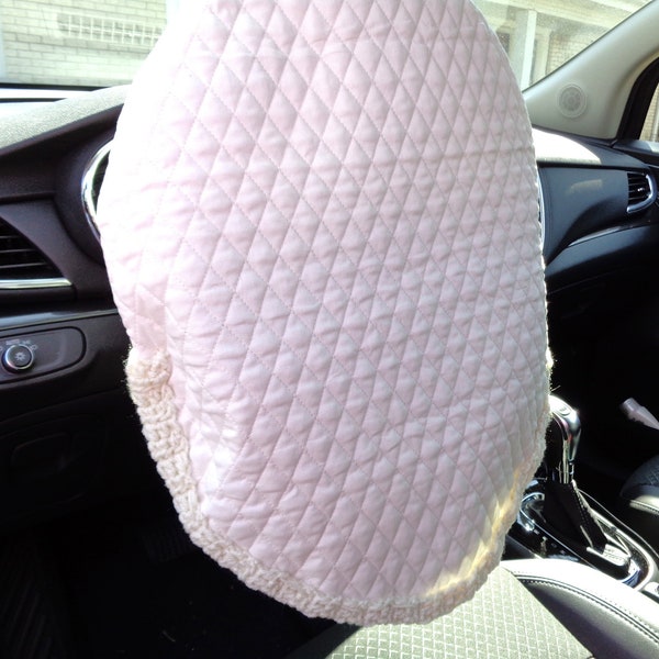 Quilted Steering Wheel Cover, Gift for Mom, Present for Grad, Steering Wheel Protector with Crochet Edging, Cream Colored Wheel Cover