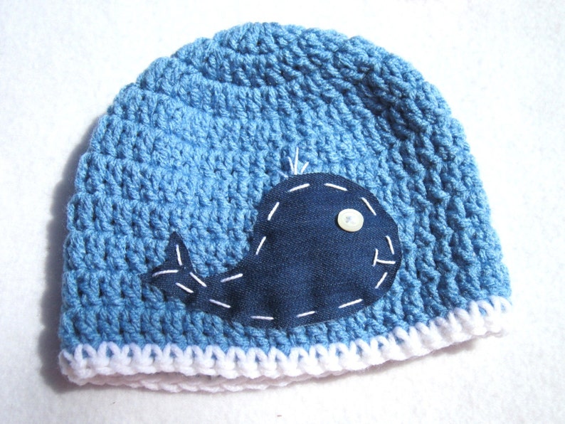 Whale Baby Hat, Crochet Denim Ocean Whale Cap, MADE TO ORDER Baby Photo Prop, Blue Baby Beanie, Gift for Boy, Home from Hospital Newborn image 3