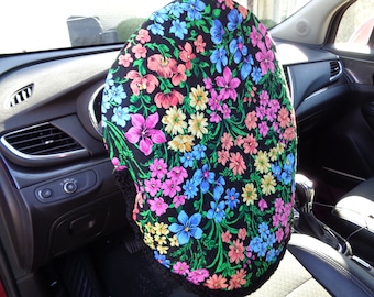 Colorful Flowered Quilted Steering Wheel Cover, Gift for Mom, Present for Grad, Steering Wheel Protector, Crochet Edging, Removable