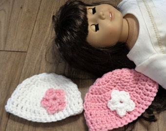 18 Inch Doll Hat, Pink or White with Flower, Crochet Winter Cap for Doll, Gift for Girl, Birthday Party Favor, Valentines Day Hat