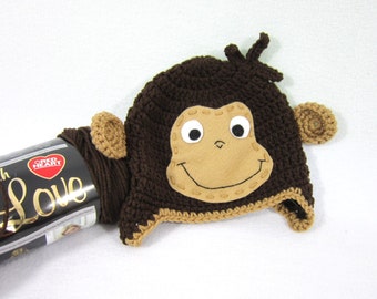 Crochet Curious George Hat: Brown Monkey Beanie with Earflaps