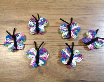 Crocheted Colorful Butterflies, Set of Six Butterfly Appliques for DIY Projects