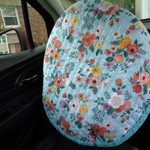 Aqua Floral Quilted Steering Wheel Cover with Crochet Edging