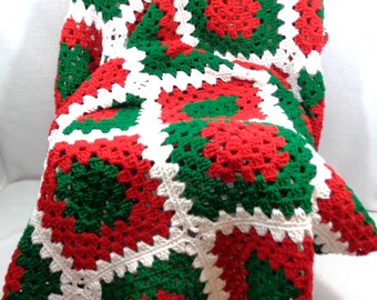 Christmas Blanket, Crochet Granny Square Afghan, Red, Green and White Crocheted Blanket or Lap Afghan, Wedding Gift, Cover for Couch