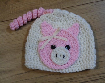 Little Cream Hat with Pink Pig, Piggy Baby Hat, Halloween Farm Animal Hat,  MADE TO ORDER by Charlene, Gift for Baby Girl