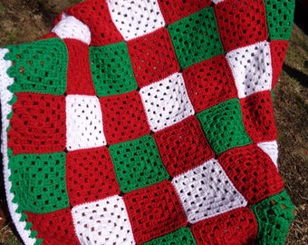 Christmas Blanket, Crochet Granny Square Afghan, Red, Green and White Crocheted Blanket or Lap Afghan, Wedding Gift, Cover for Couch