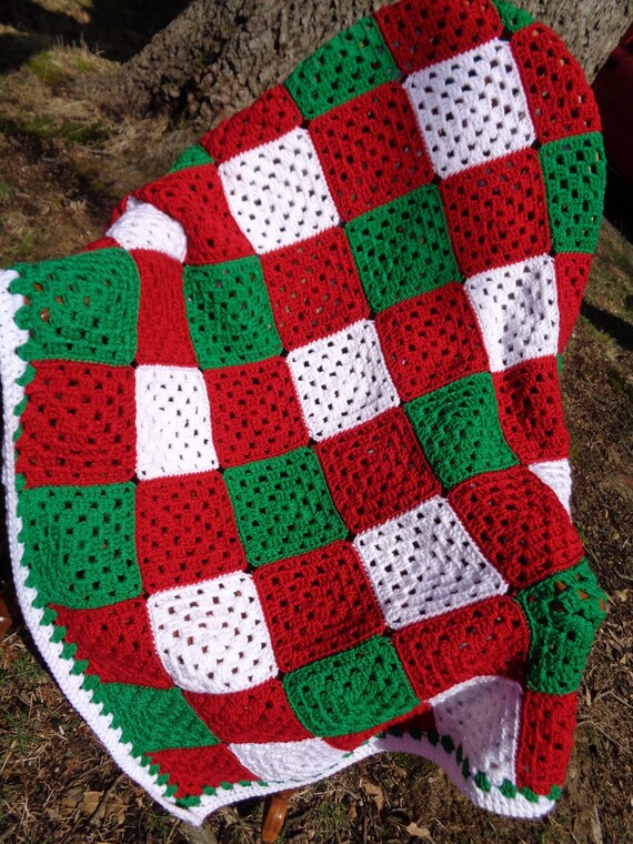 Christmas Blanket, Crochet Granny Square Afghan, Red, Green and