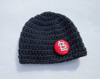 Navy Hat with St. Louis Cardinals Button, MADE TO ORDER by Charlene, Photo Prop, St. Louis Cardinal Inspired, Baby Hat, Simple Adult Beanie