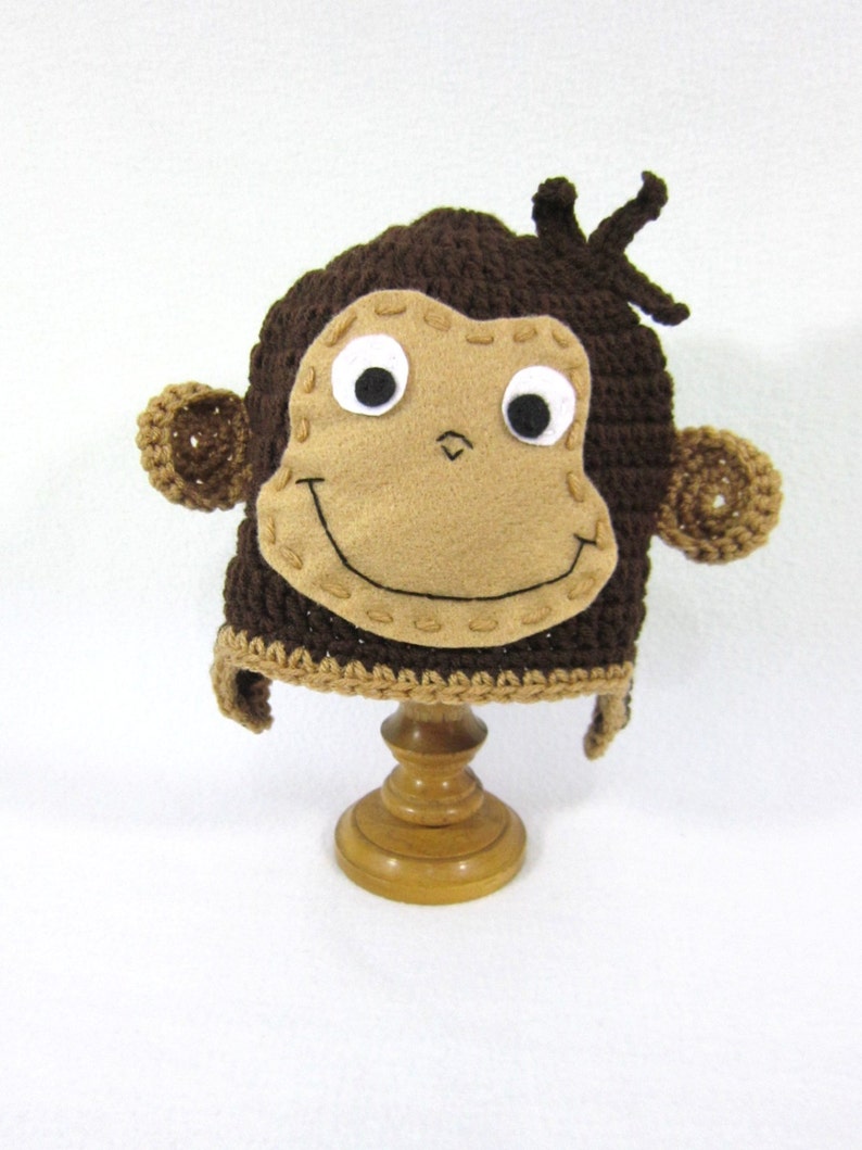 Crochet Baby Beanie with Ears and Face MADE TO ORDER by Charlene Brown Earflap Hat Curious George Hat Brown Monkey Hat Gift for Baby
