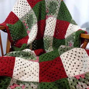 Granny Square Christmas Blanket, Christmas Afghan, Dark Red, Hunter Green and Off- White Blanket, Home Decor Wedding Gift, Cover for Couch