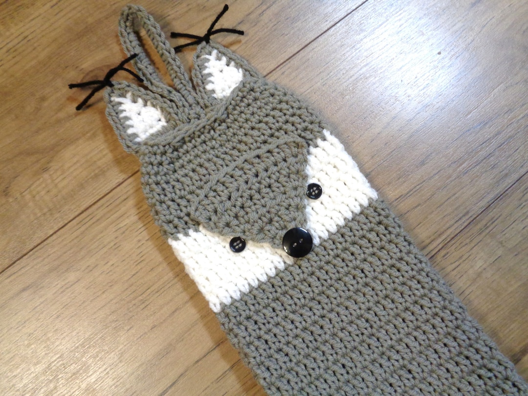 Crochet Fox Plastic Bag Holder, Fox Kitchen Decor in Gray and White
