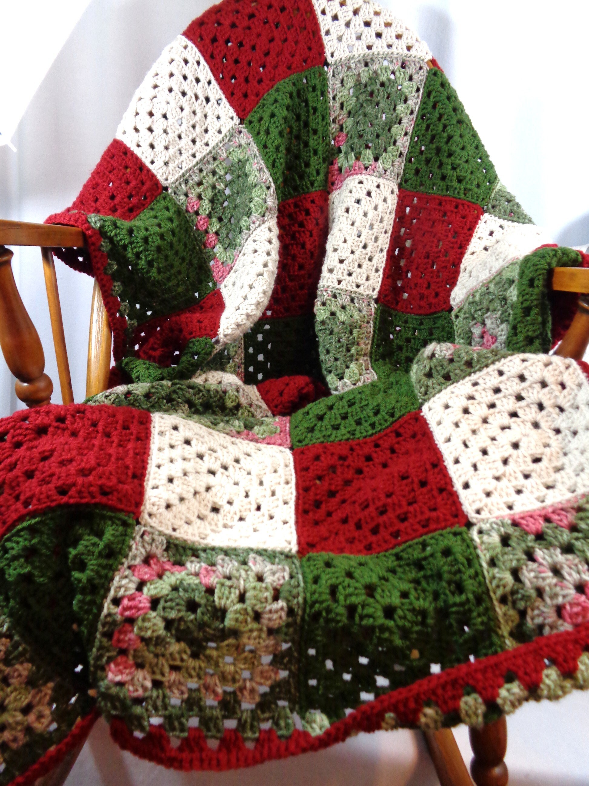 Crochet Granny Square Christmas Afghan: Red, Green, and Off-white